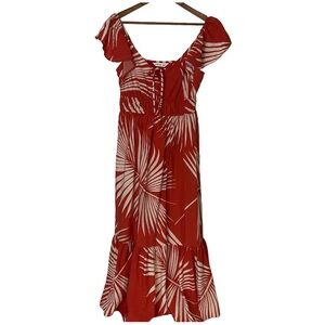 Nine West Flutter Sleeve Tropical Palm Tree Maxi Dress in Clay Color; Size Med.